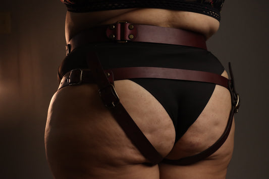 An individual is pictured from behind, from the lower ribs to upper thighs. They are wearing black panties under a red leather strapon harness. The leather strapon harness has straps securing it at the waist, above the butt, and under each butt cheek.