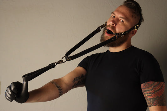 A brown haired person with a majestic beard, short, curly hair, and an arm tattoo is pictured wearing a black tee shirt, black leather glove, and black head harness fitted with a bit accessory. A leather leash and lead is affixed to the harness with D rings positioned between the over-ear buckle and edges where the gag snaps into place, they are holding the leash outstretched and looking at the camera.  