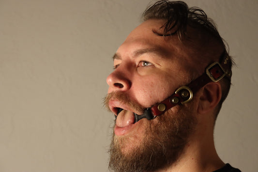 A brown haired person with a majestic beard and short, curly hair is photographed in profile wearing a bit gag fitted into an oxblood red leather head harness. The buckle of the leather ball gag is visible over their ear, and a D ring is visible positioned between the buckle and the bit. Their mouth is open. 