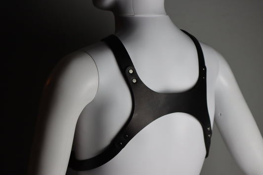 The back of the bdsm harness is pictured, there is a single piece of leather where each of the 4 straps (2 over the shoulders, 2 wrapping around the ribs of the wearer) connect. 