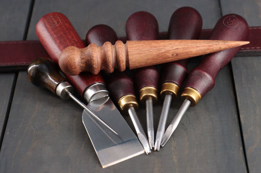 7 tools for finishing leather are pictured. These tools are used with a DIY leather kit or craft leather to create and finish leather goods.