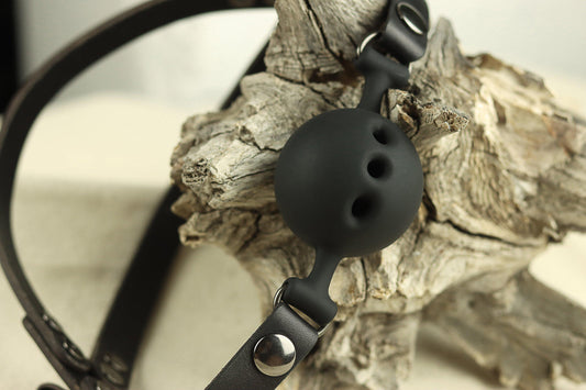 A black leather head harness ball gag rests on a piece of driftwood. On the left, the two straps that allow the head harness to cradle the ball gagged sub's head are visible. On the right, a silicone ball gag that snaps into place on the leather ballgag.