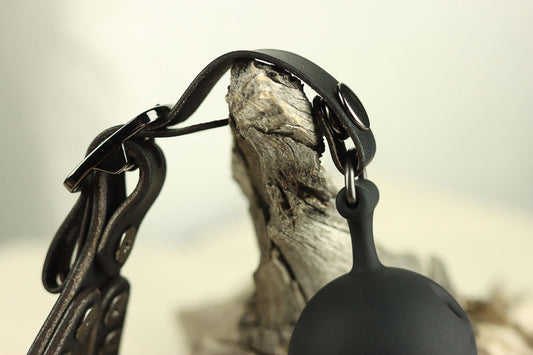 A black leather head harness ball gag rests on a piece of driftwood. Half the silicone gag is visible on the right, and the gunmetal grey head harness buckle is visible on the left. 