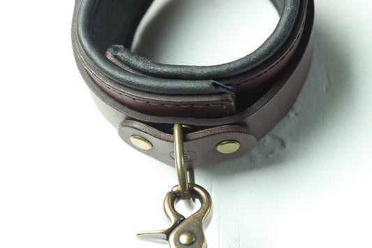 A closeup of the attachment point on the leather cuff, where a D ring allows the user to clip it to a lead.